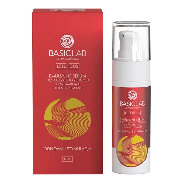 BasicLab Emulsyjne Serum z 0,3% Czystego Retinolu, 3% Witamina C i Koenzymem Q10